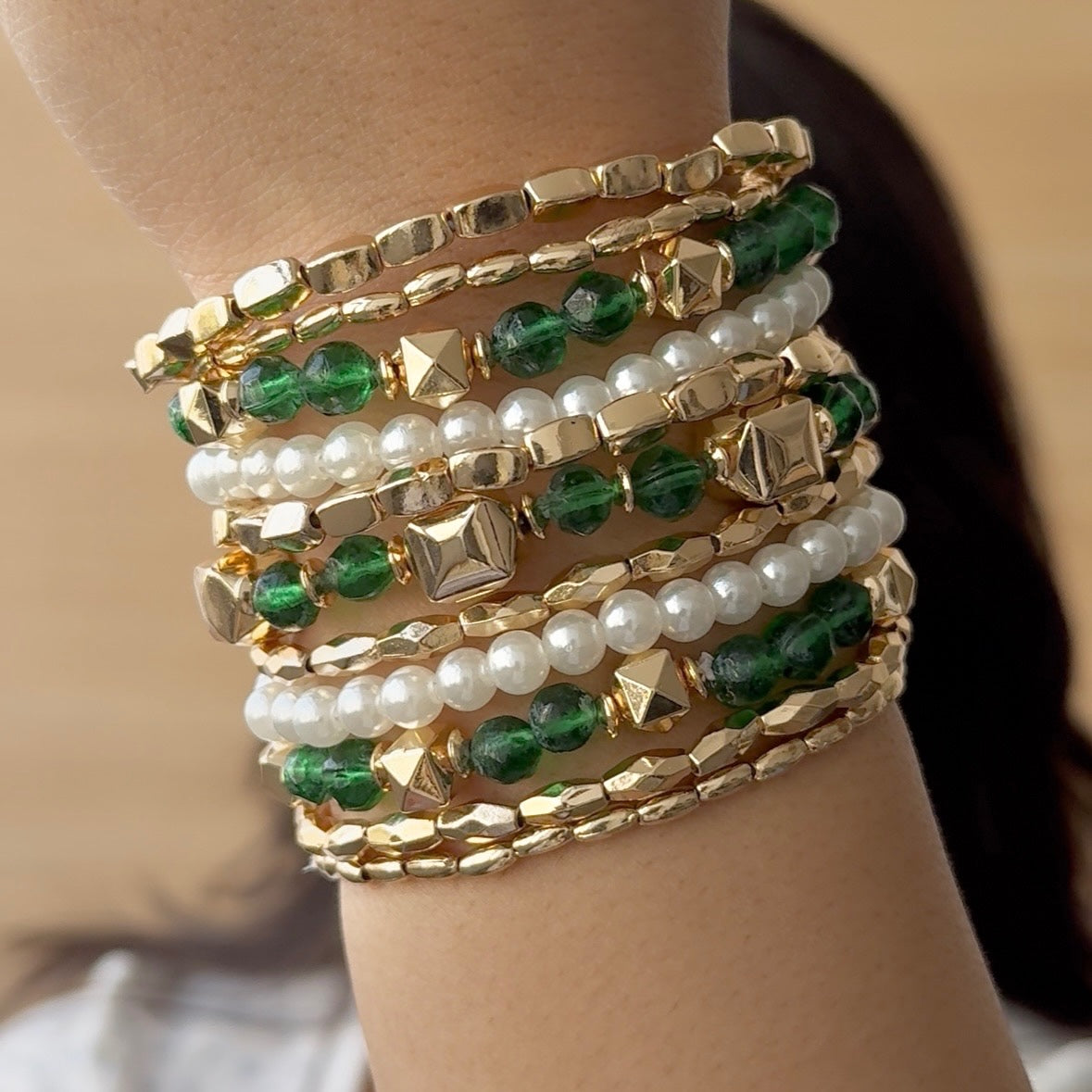 TFC Forest Green Beaded Gold Plated Bracelet (Set of 11)