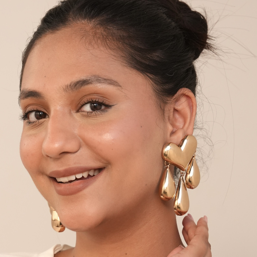 TFC 24K Bold Heart 3 Drop Gold Plated Dangler Earrings