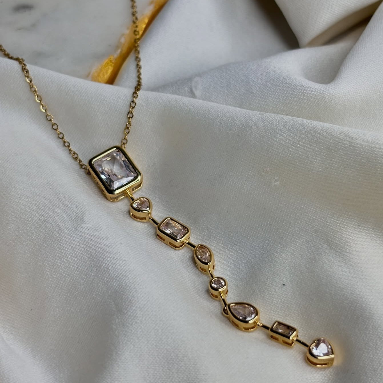 TFC Recto Shape Stone Line Gold Plated Necklace