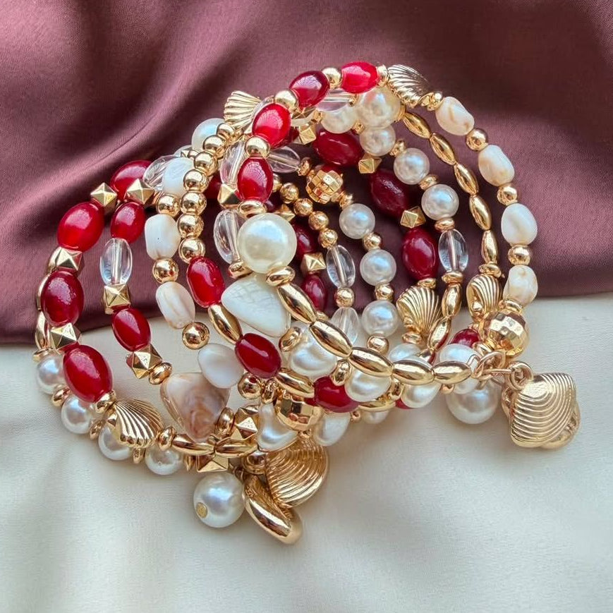 TFC Red & Pearl Gold Plated Spiral Bracelet