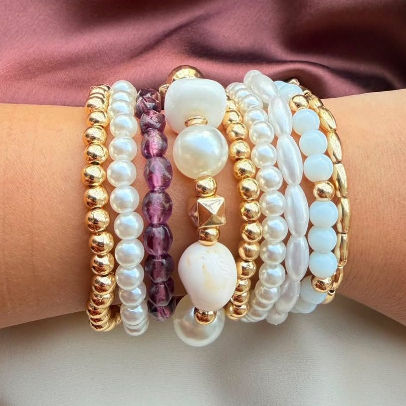 TFC Adjustable Purple Pearl Gold Plated Bracelet (set of 9)