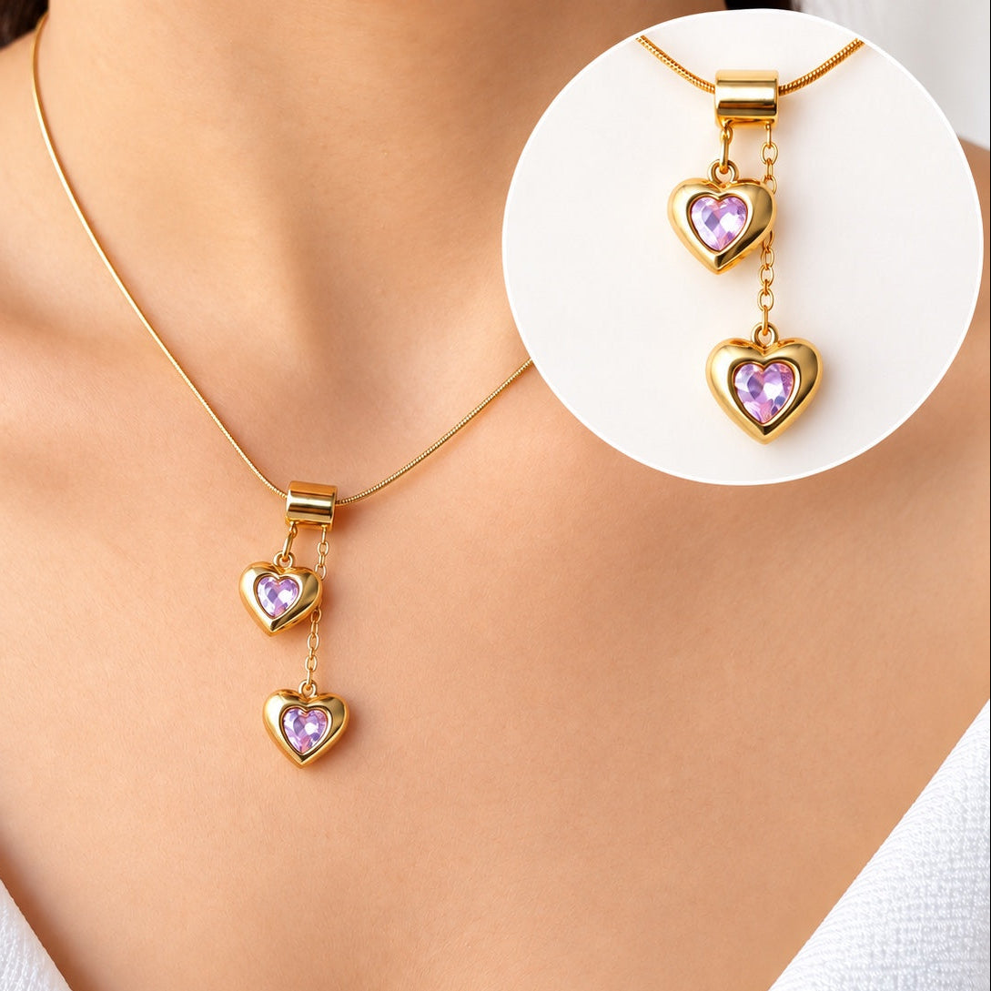TFC Dual Pink Heart Gold Plated Pendant Necklace