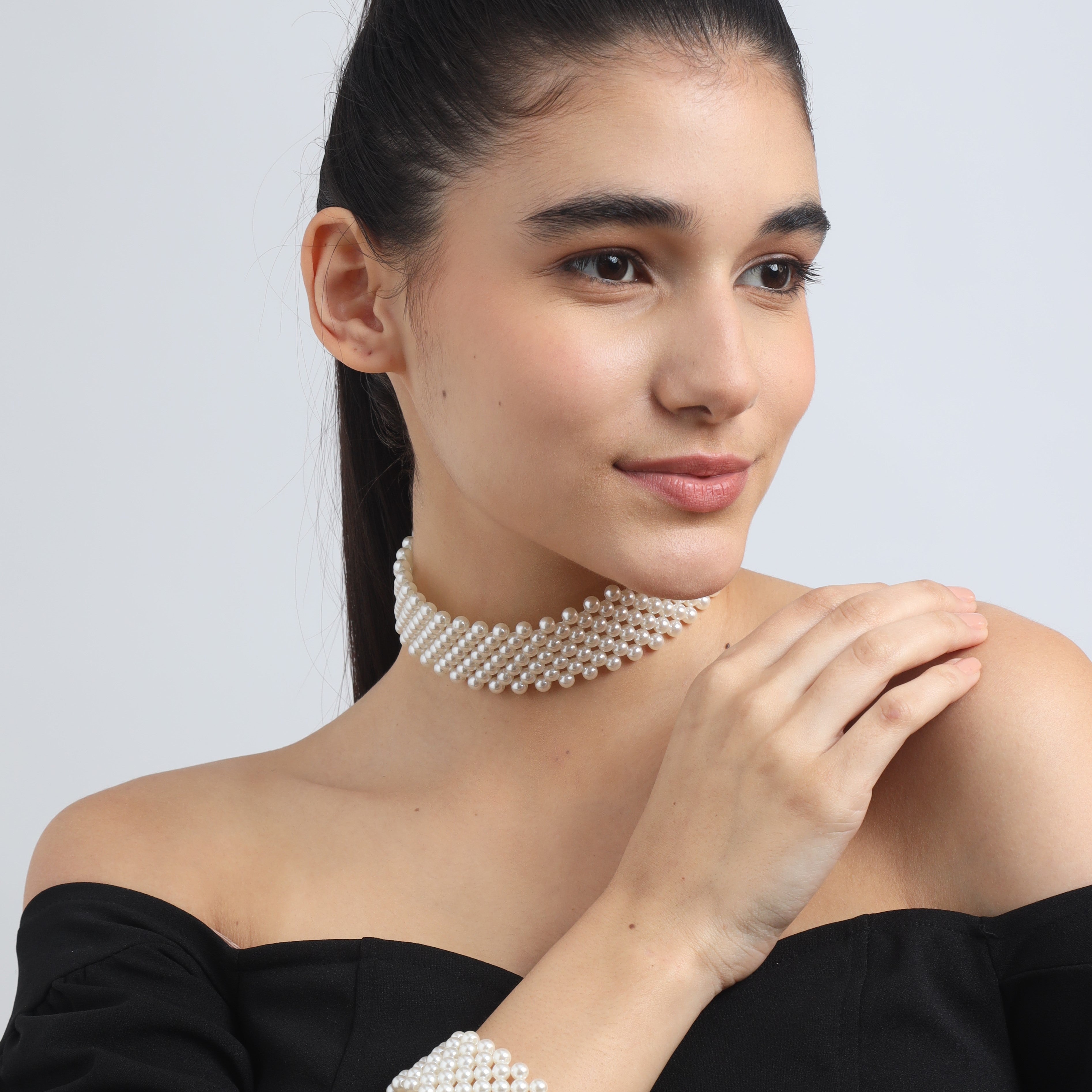 TFC Pearl Mesh Gold Plated Choker Necklace