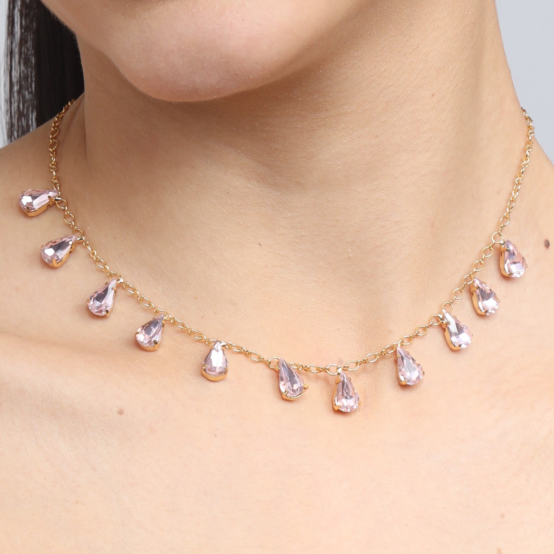 TFC 24K Pink Drop Crystal Gold Plated Dainty Necklace