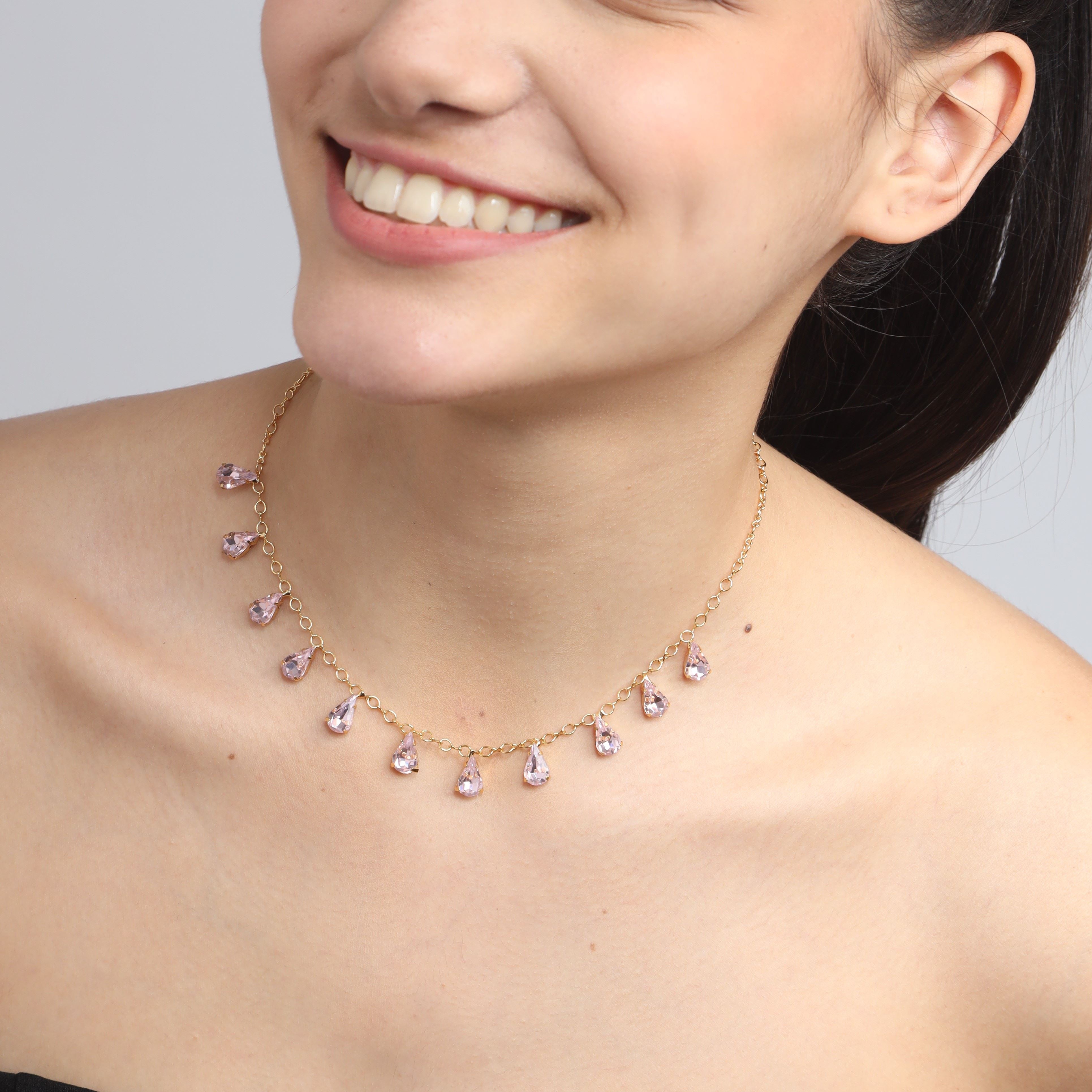 TFC 24K Pink Drop Crystal Gold Plated Dainty Necklace