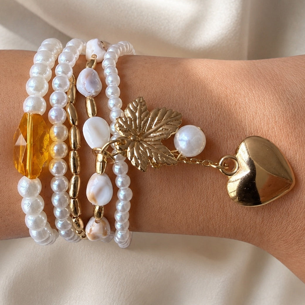 TFC Leaf & Pearl Charm Gold Plated Bracelet (set of 5)