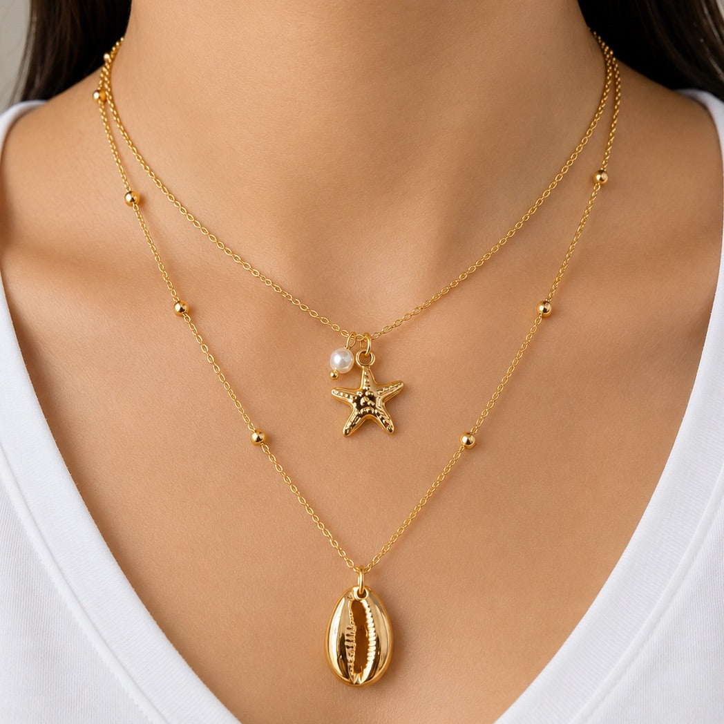 TFC Beach Bloom Charm Gold Plated Layered Necklace