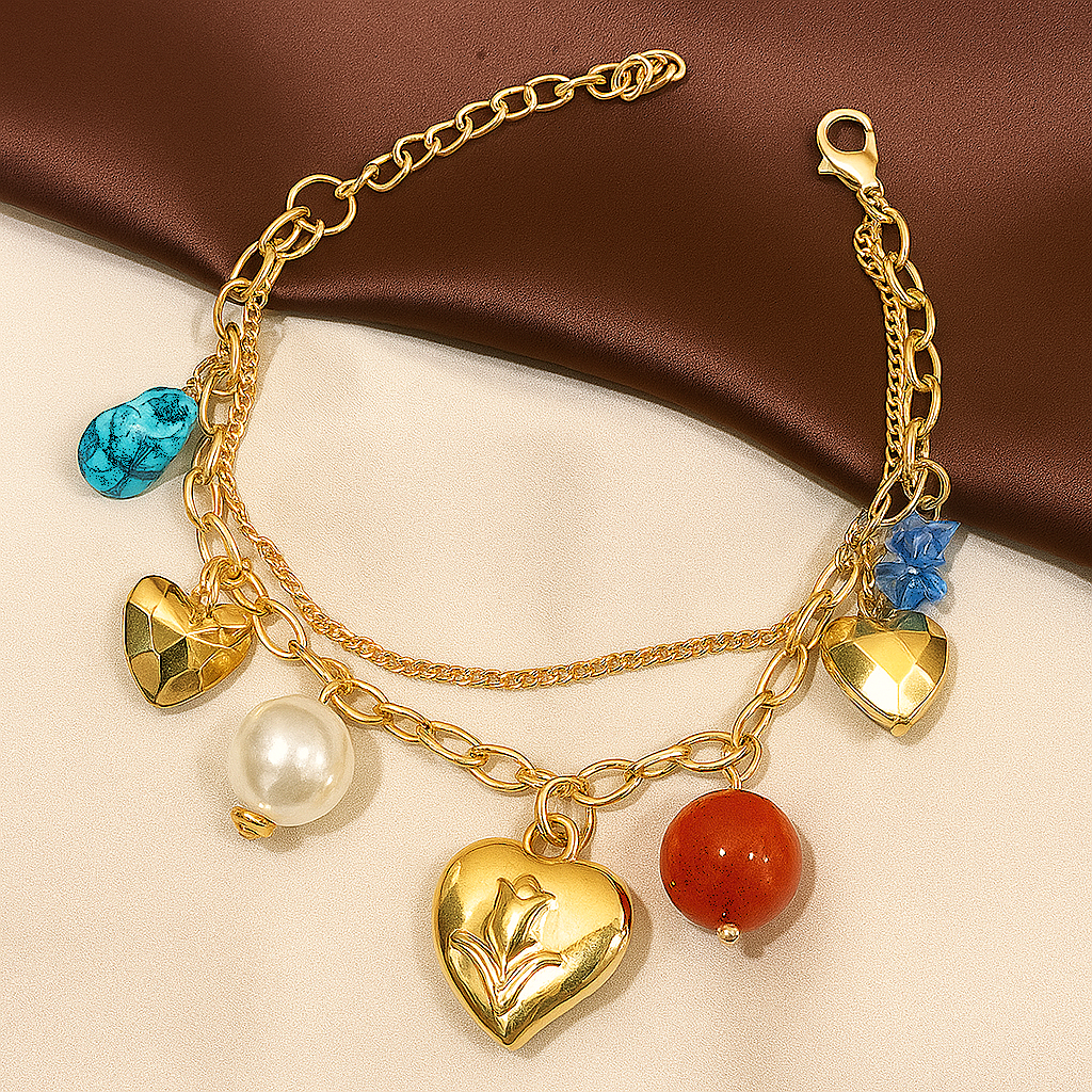 TFC Rose Heart Charms Gold Plated Bracelet