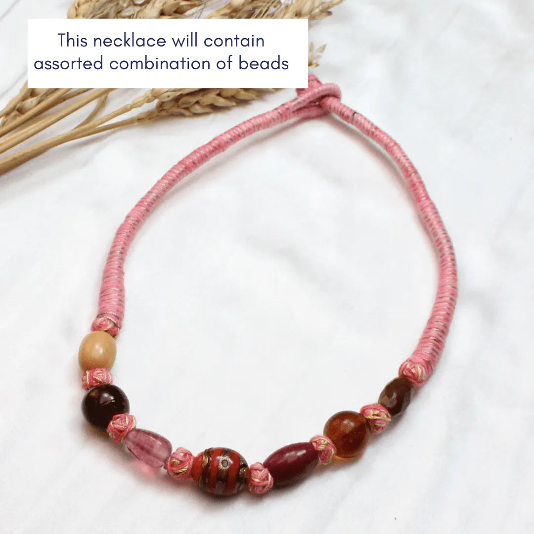 TFC Patwa Art Necklace with Pink Thread and Mix Beads