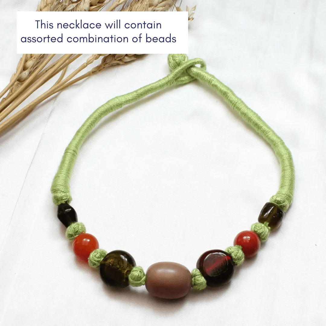 TFC Patwa Art Necklace with Green Thread and Mix Beads