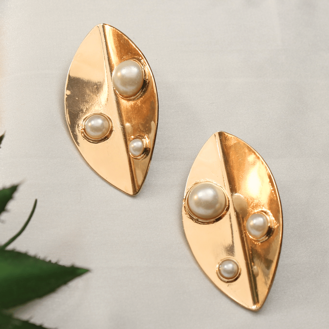 TFC Bold Oval Leaf Pearl Gold Plated Stud Earrings