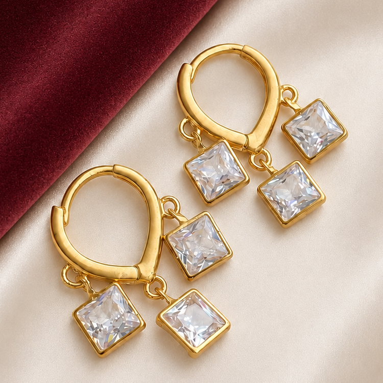 TFC Square Triple Drop Gold Plated Earring