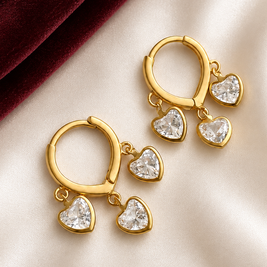 TFC 3 Heart Drop Gold Plated Earring