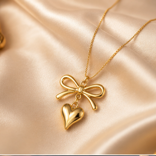 TFC Bow Long Heart Gold Plated Necklace