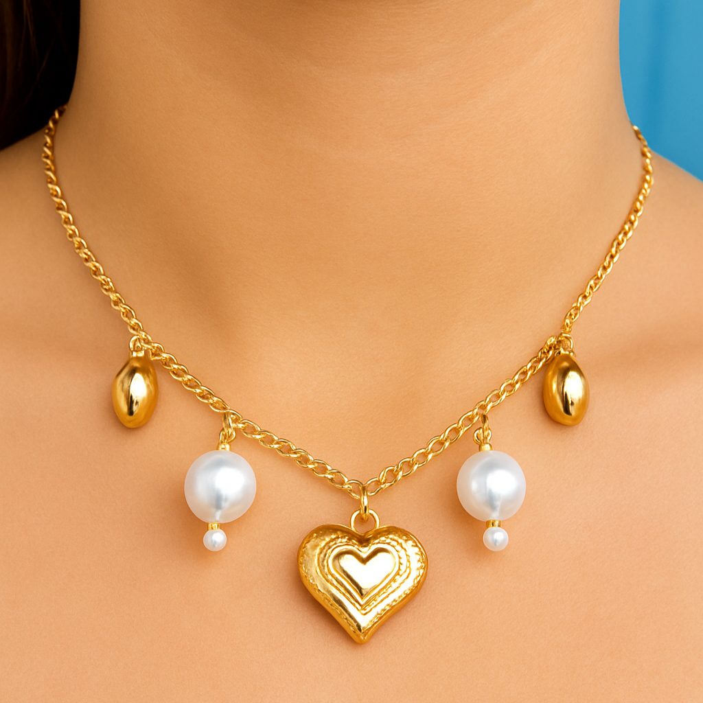 TFC Lovely Pearly Heart Charm Gold Plated Necklace