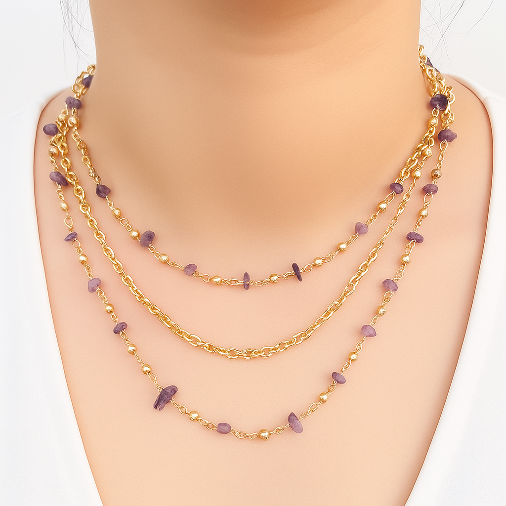 TFC Amethyst Uncut Gold Plated Layered Necklace