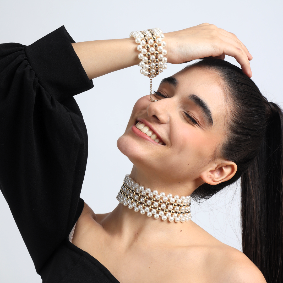 TFC Pearl Mesh with Double Bold Bead Gold Plated Choker Necklace