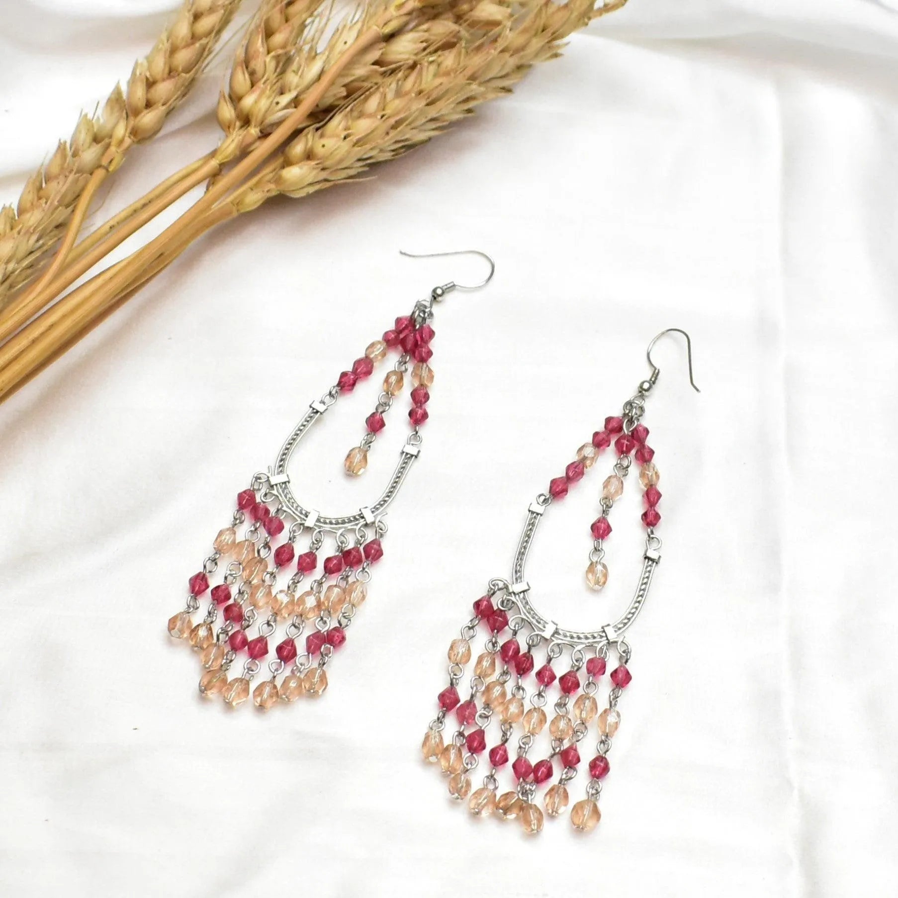 TFC Red Seed Beed Fringe Dangler Earrings