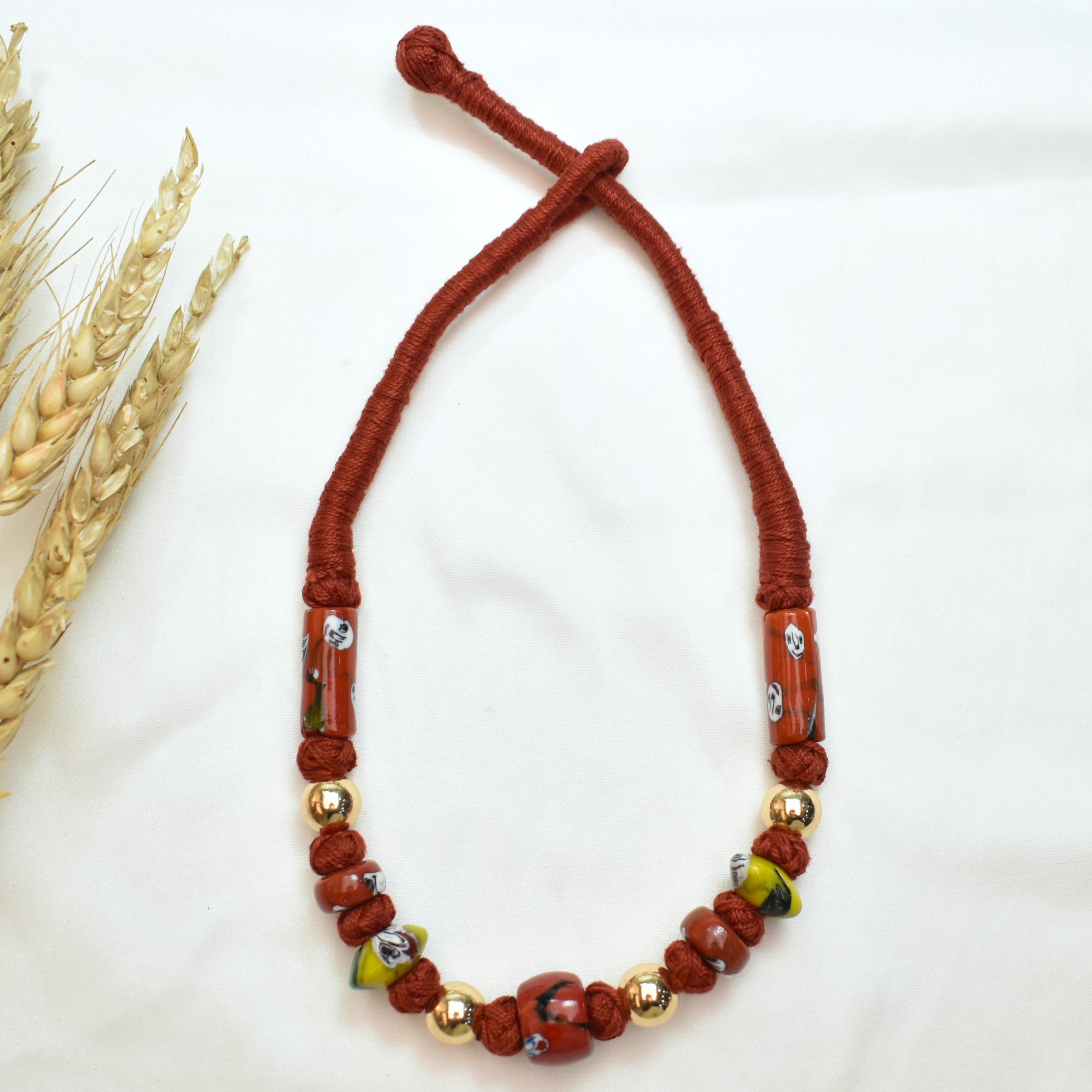 TFC Patwa Art Necklace With Mehroon Thread And Mix Beads