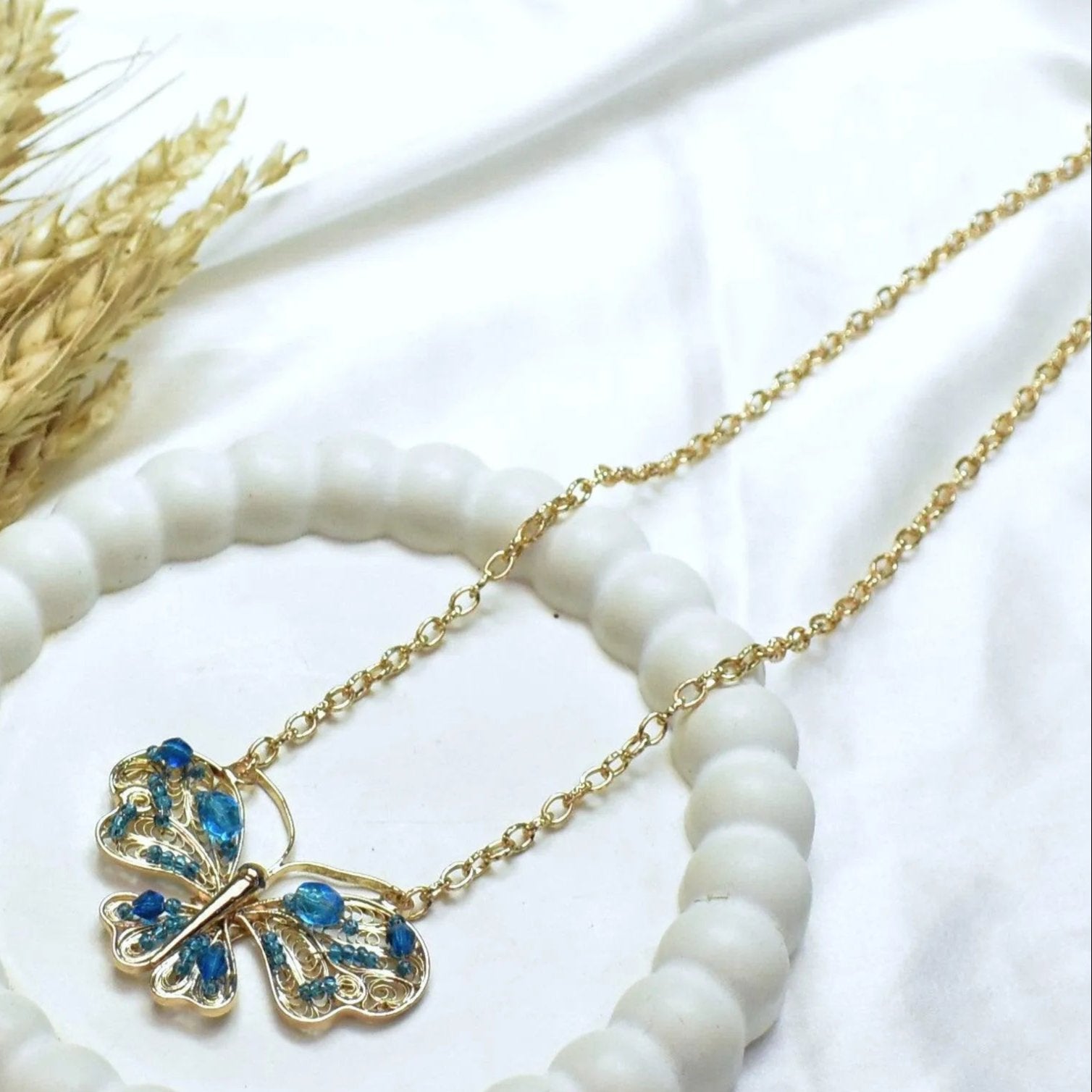 TFC Blue Stoned Butterfly Short Pendant Necklace