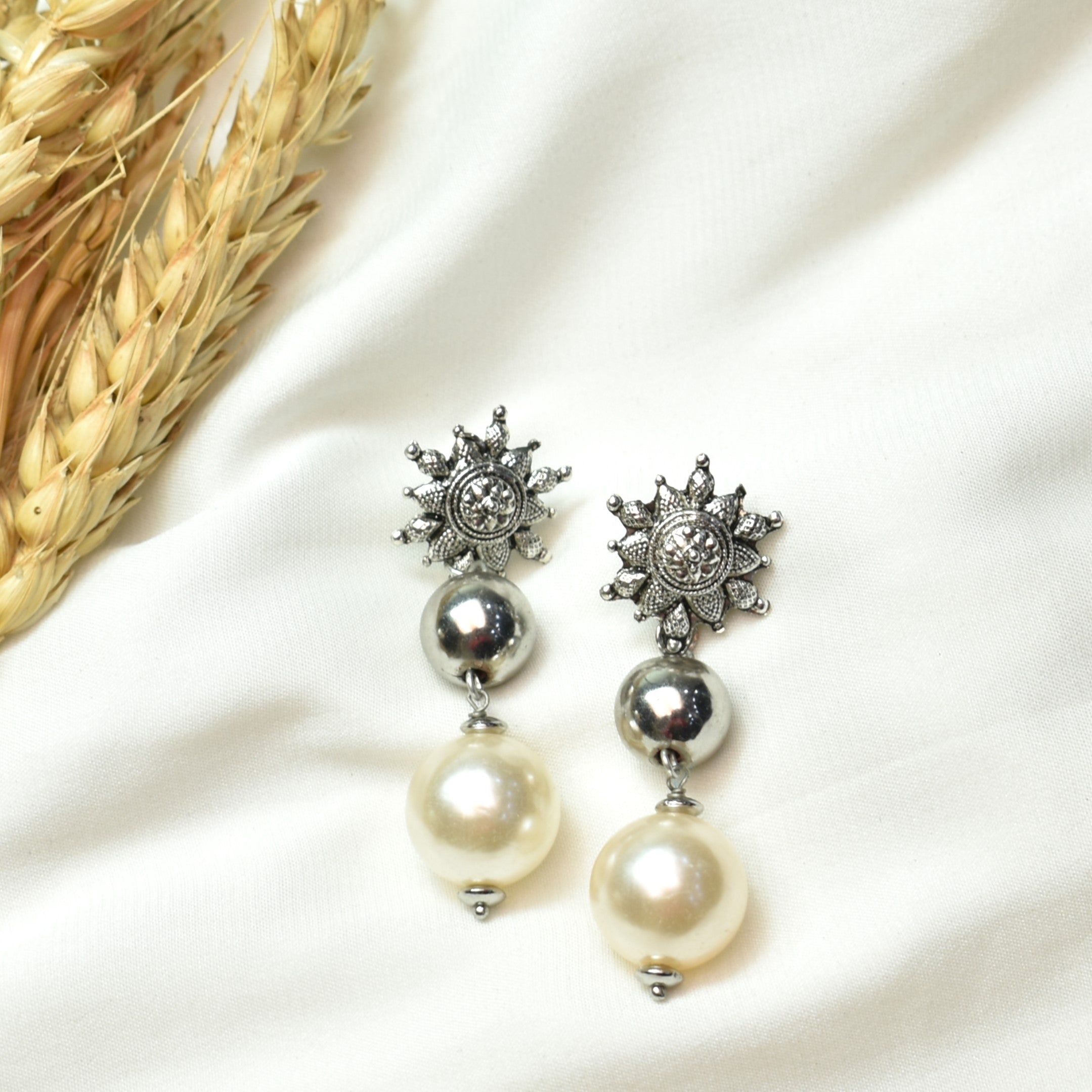 TFC Bold Pearl Bead Silver Plated Dangler Earrings