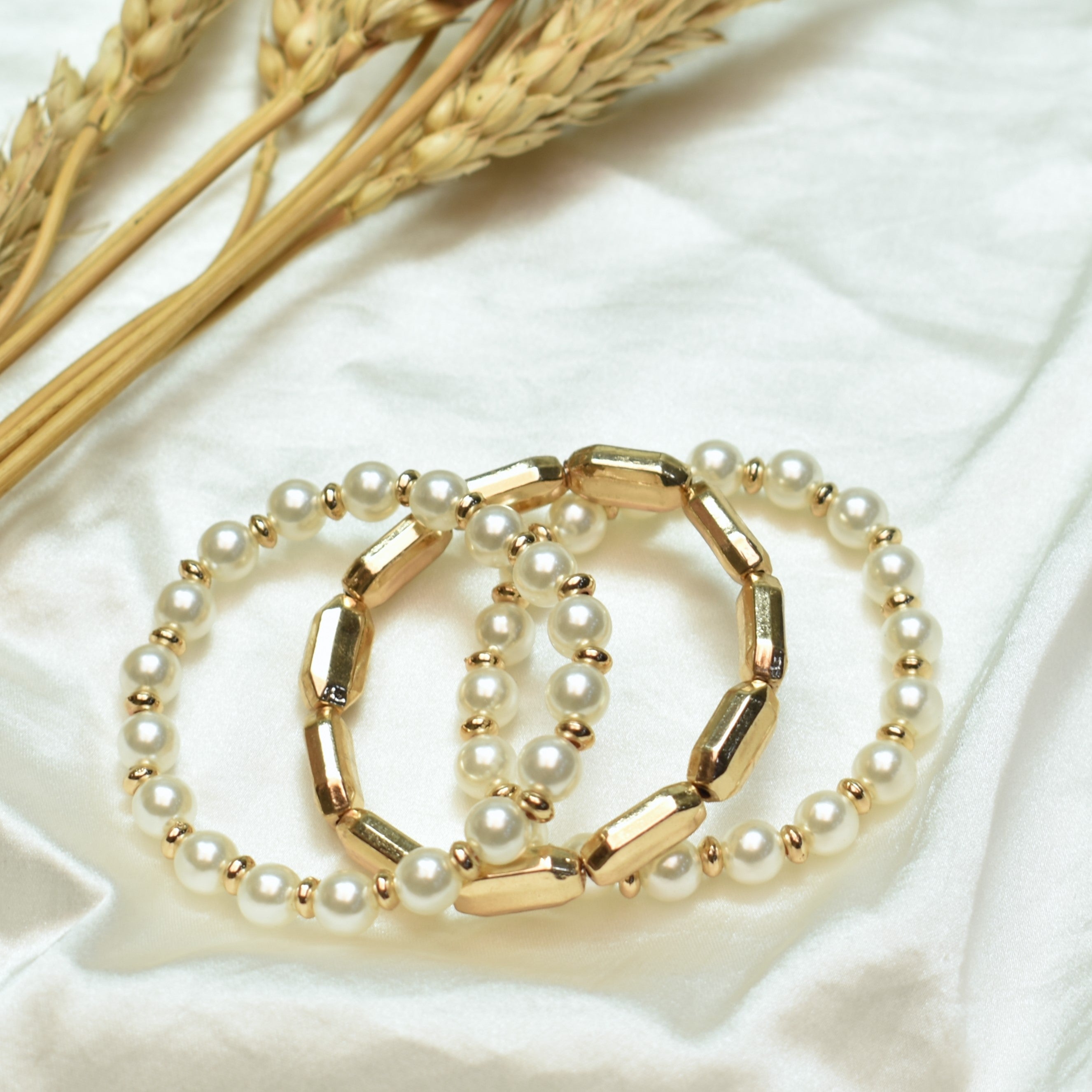 TFC Elegant Gold and Pearl Beaded Stacked Bracelet (Set of 3)