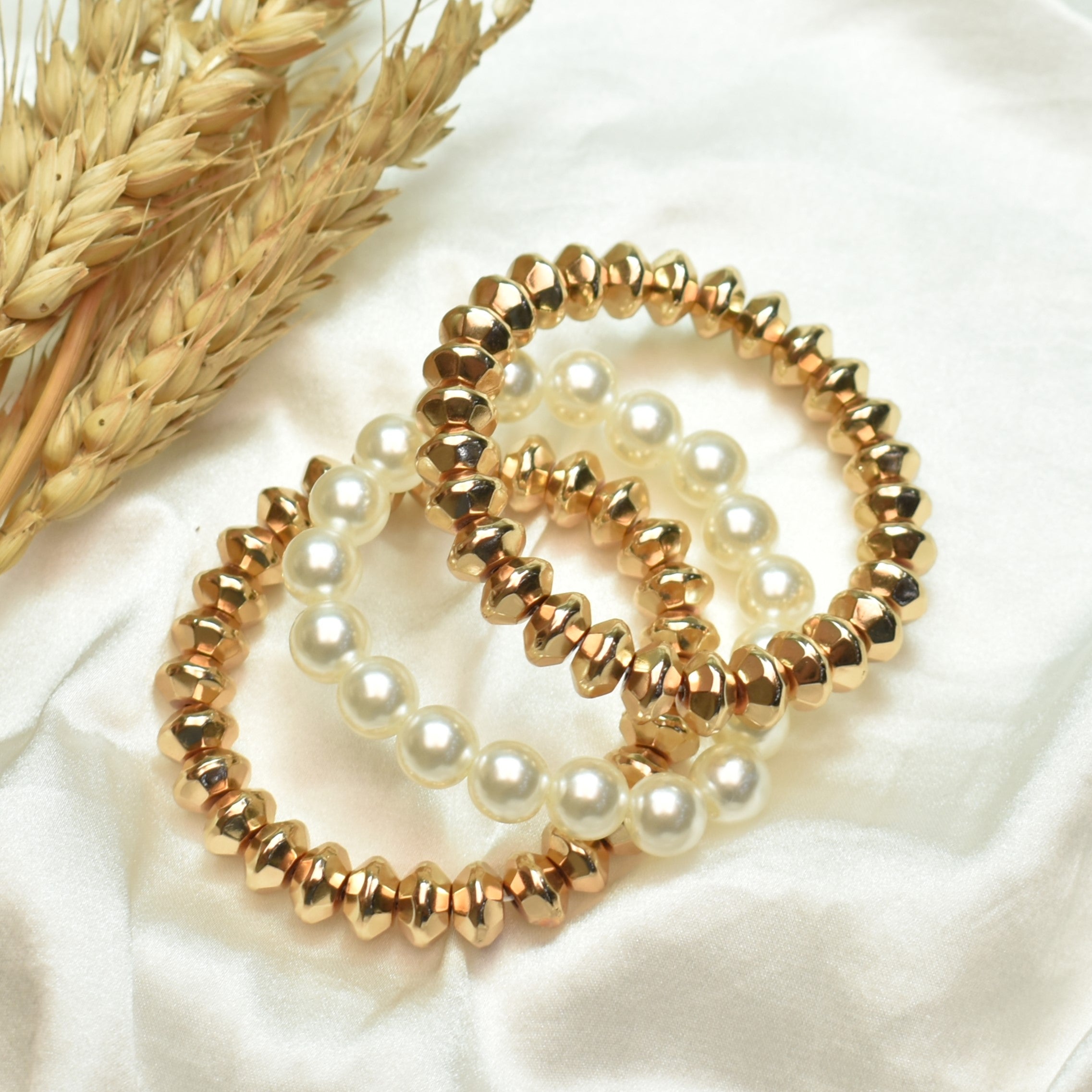 TFC Trendy Gold Bead and Pearl Stacked Bracelet (Set of 3)