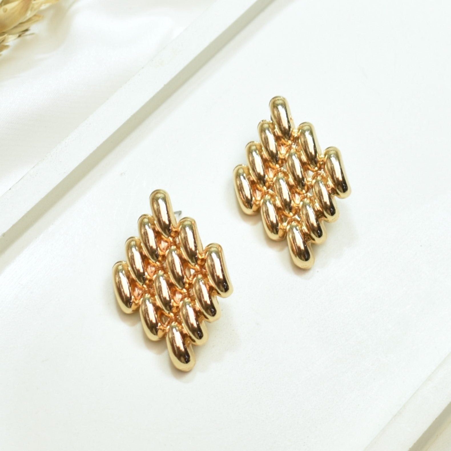 TFC Diamond Check Gold Plated Stud Earrings