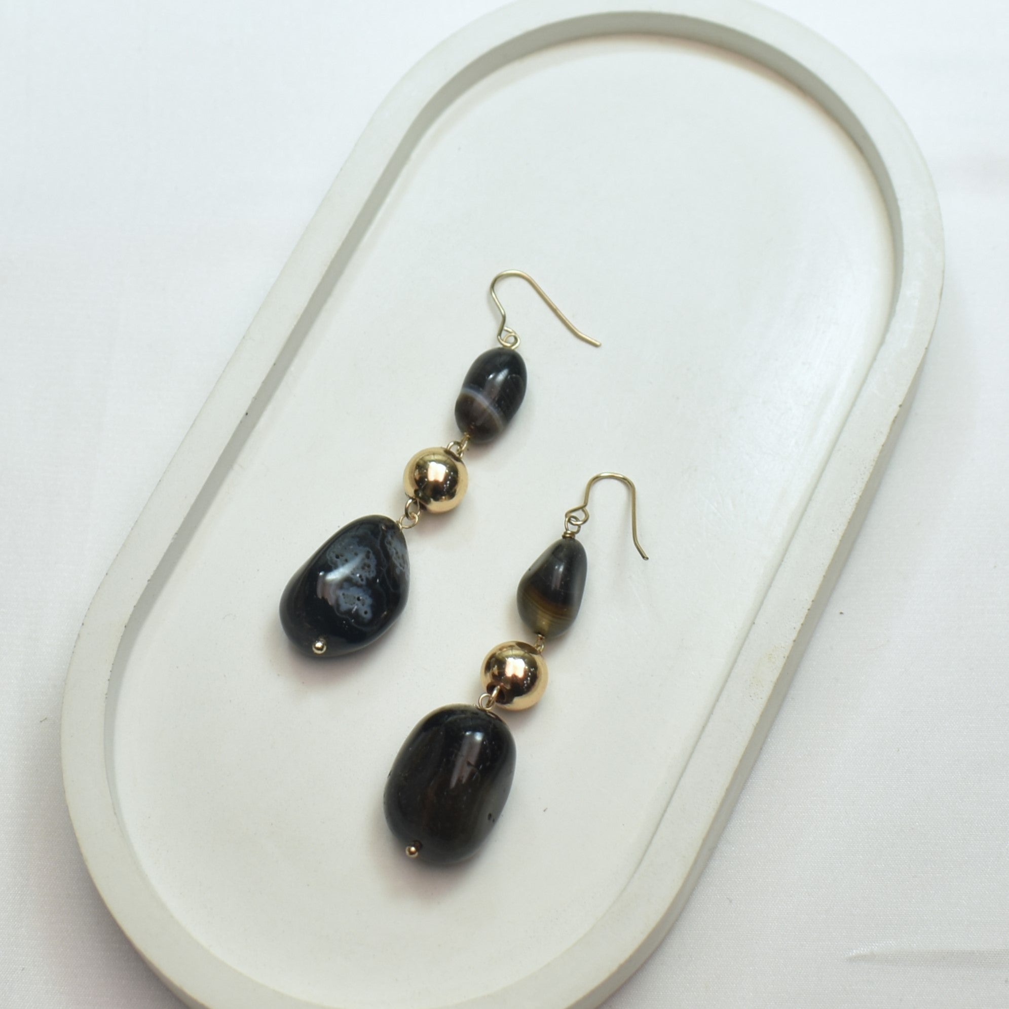 TFC Black Obsidian Gold Plated Dangler Earrings