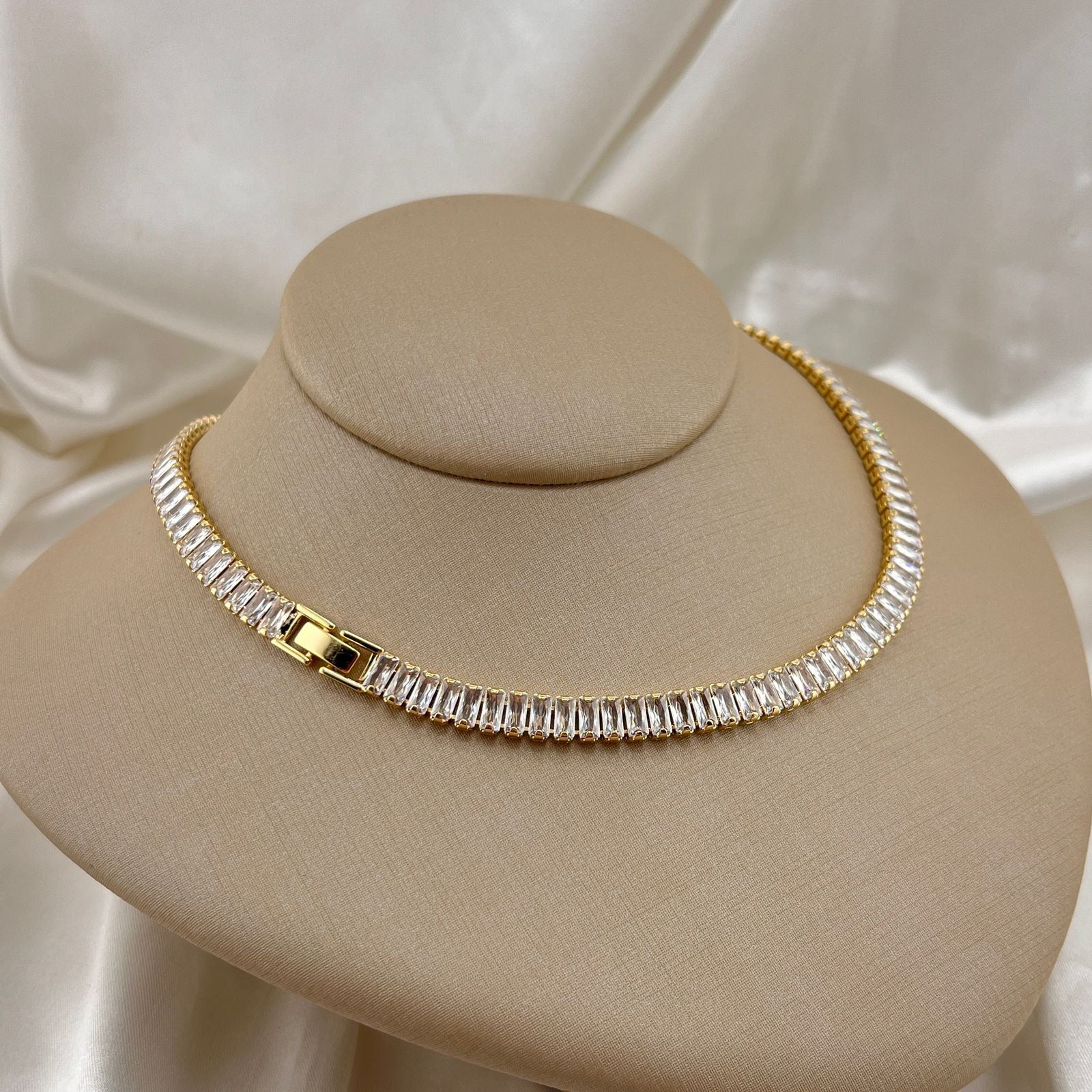TFC 36cm Baguette White Stone Gold Plated Chain Necklace