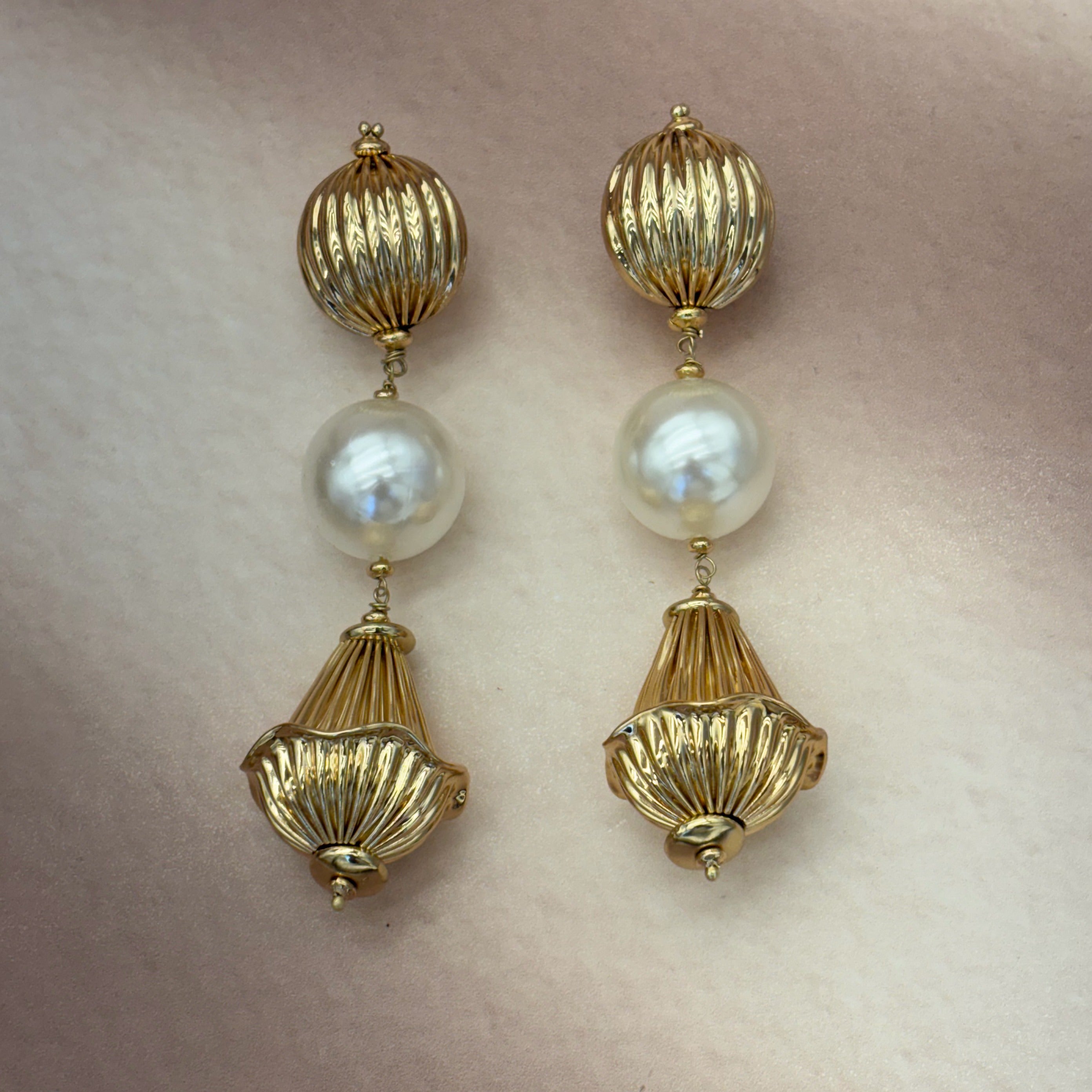TFC Varied Vortex Bold Bead and Pearl Gold Plated Shoulder Duster Dangler Earrings