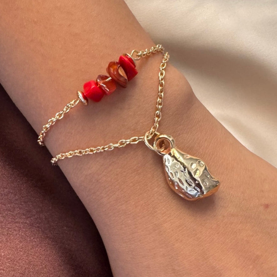 TFC Red Uncut Rock Bead Gold Plated Bracelet