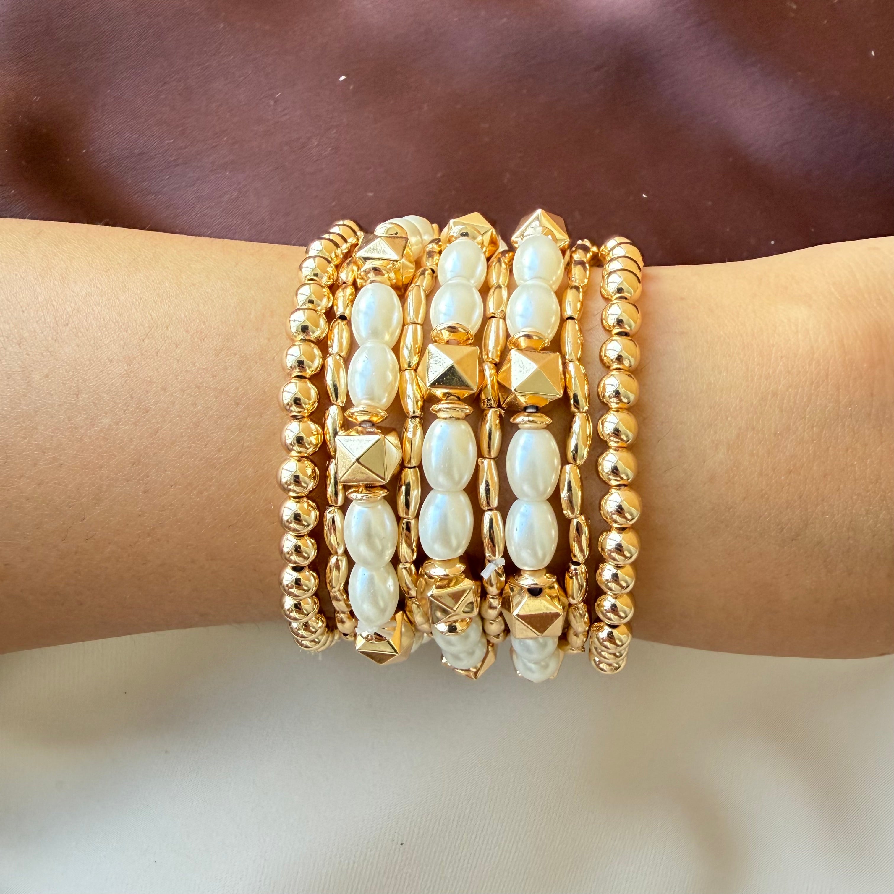 TFC Pearl & Cube Gold Plated Bracelet (set of 9)