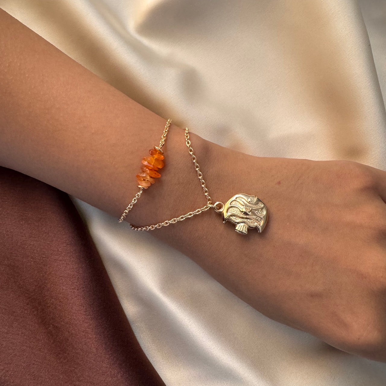 TFC Orange Uncut Fish Bead Charm Gold Plated Bracelet