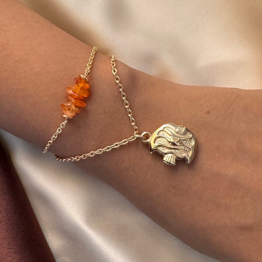 TFC Orange Uncut Fish Bead Charm Gold Plated Bracelet
