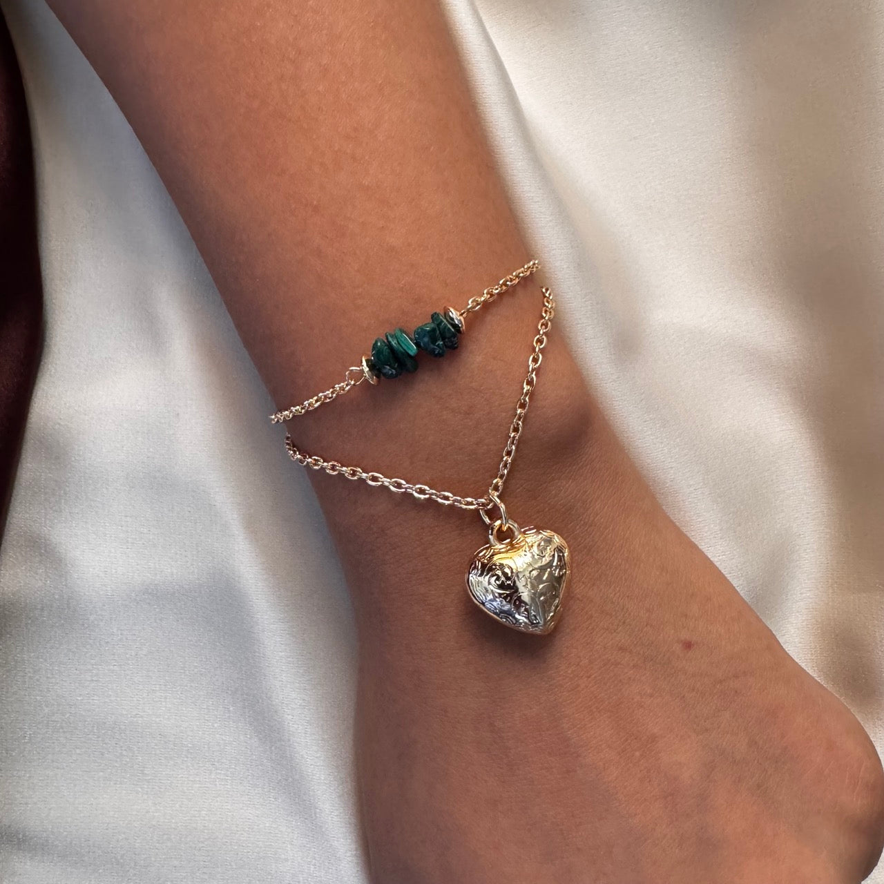 TFC Green Uncut Heart Bead Charm Gold Plated Bracelet