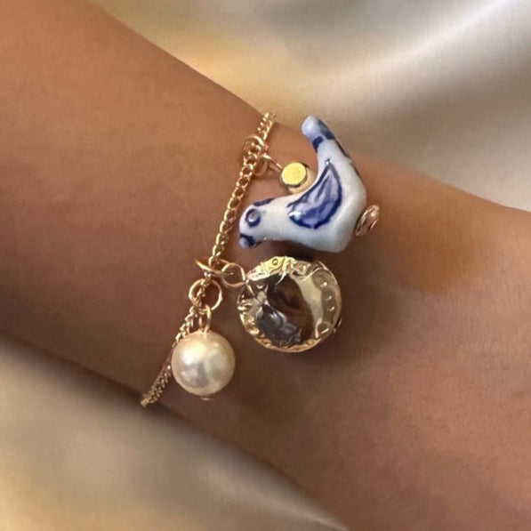 TFC Pottery Bird Bead Charm Gold Plated Bracelet