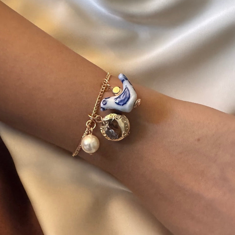 TFC Pottery Bird Bead Charm Gold Plated Bracelet