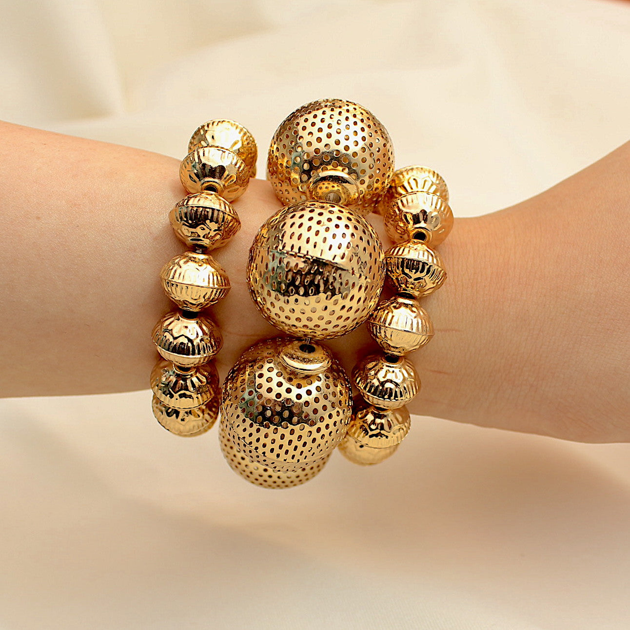 TFC Textured Net Bold Beads Gold Plated Bracelet Stack (Set of 3)