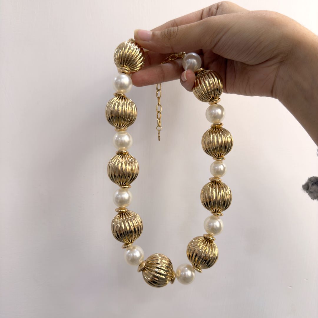 TFC Vortex Bold Bead and Pearl Statement Gold Plated Necklace