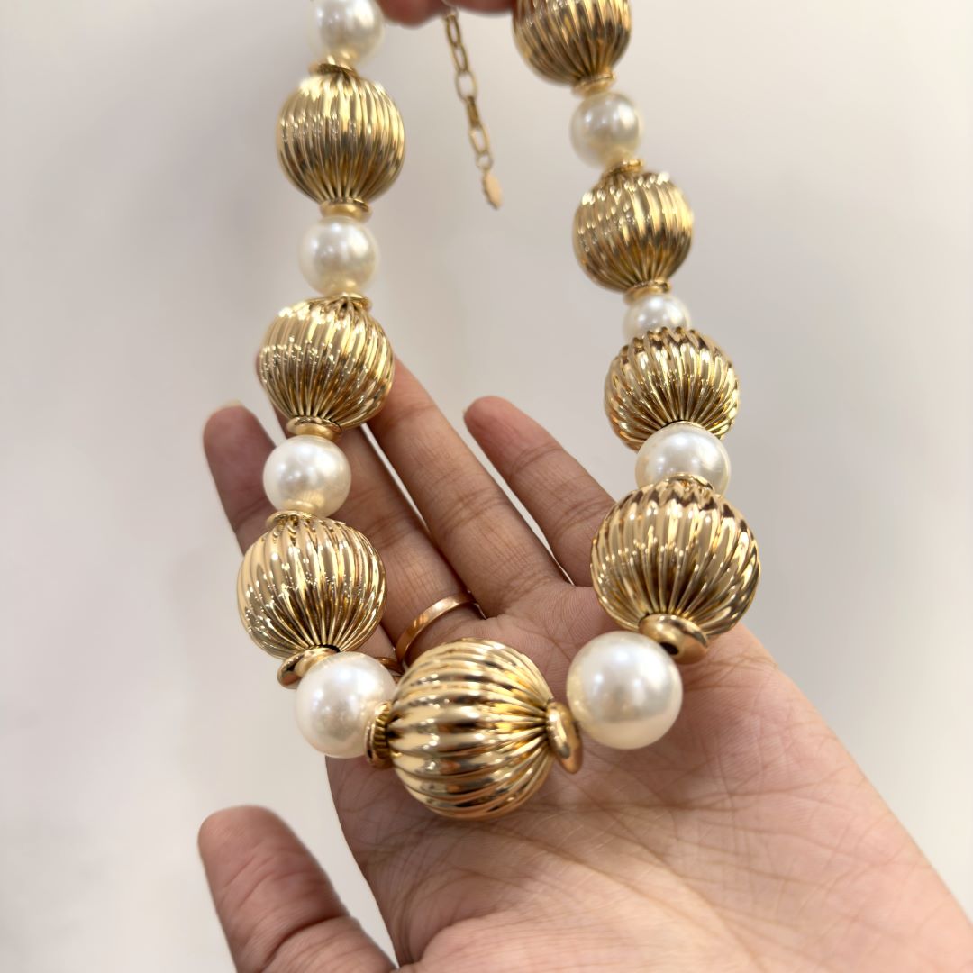 TFC Vortex Bold Bead and Pearl Statement Gold Plated Necklace