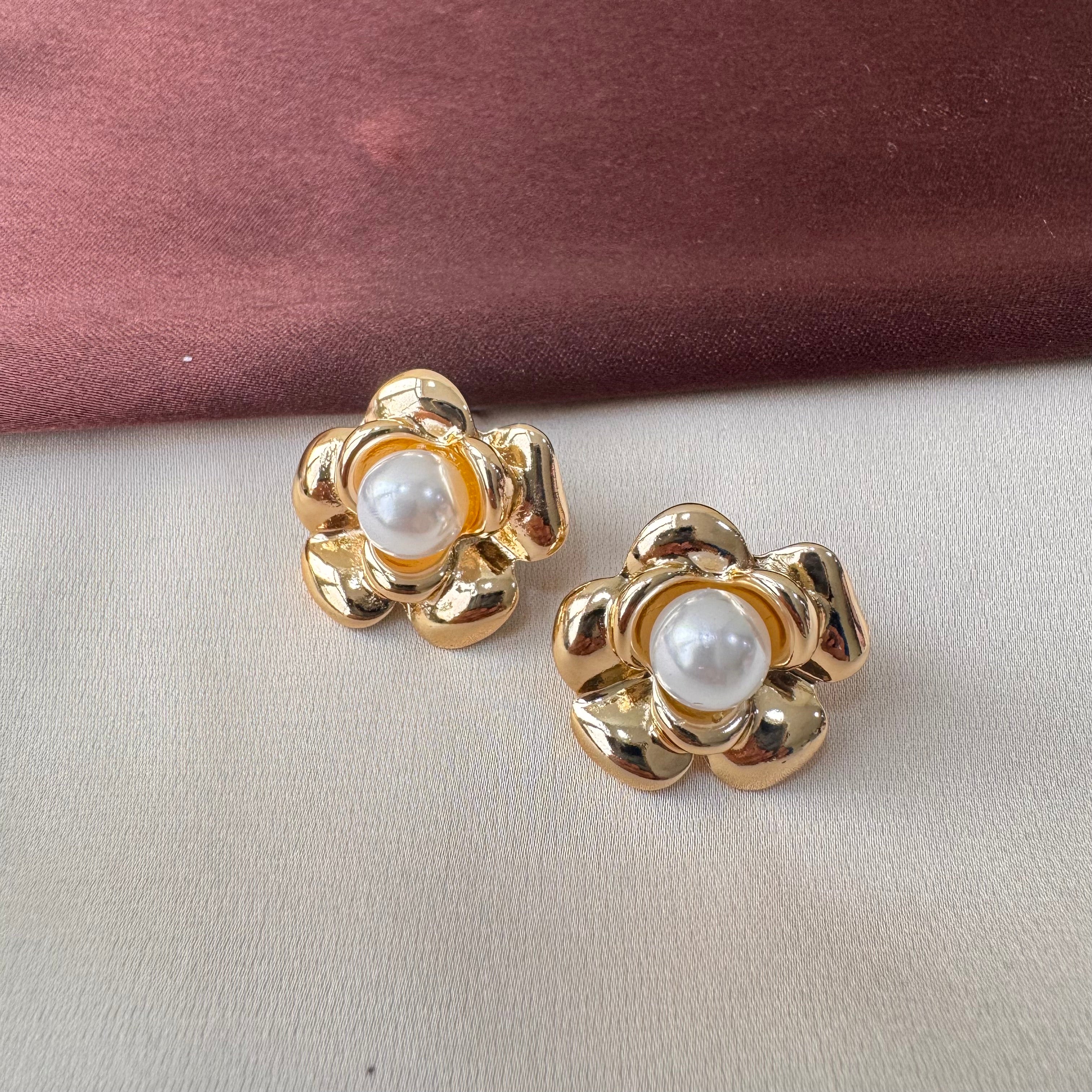 TFC Floral Pearl Gold Plated Stud Earrings