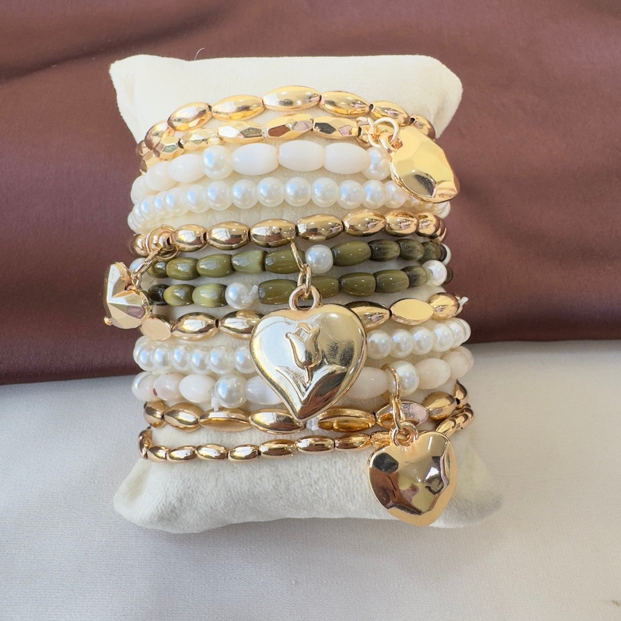 TFC Olive Green Heart Charm Gold Plated Bracelet (set of 12)