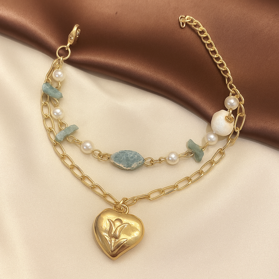 TFC Heart & Pearl Bead Gold Plated Layered Bracelet