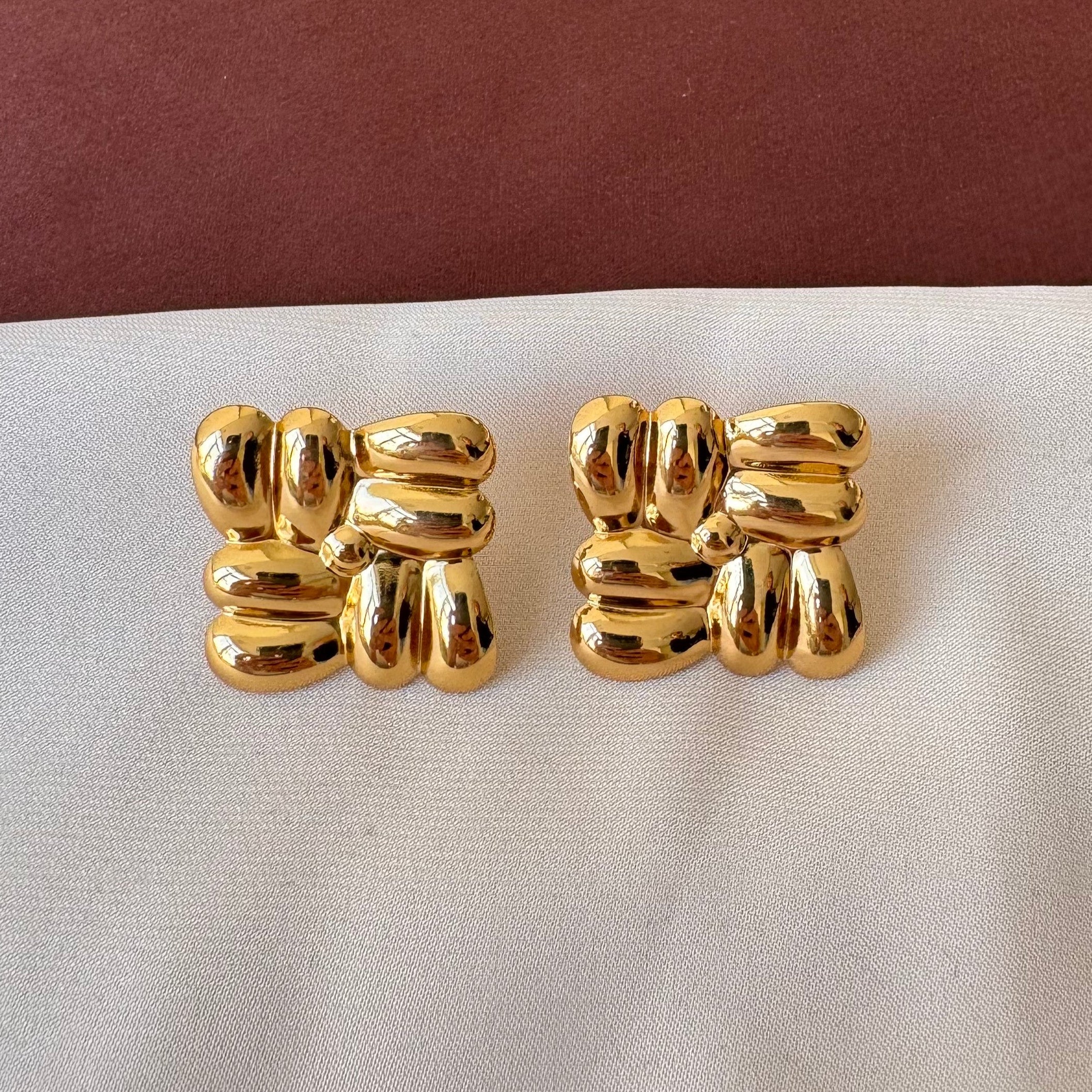 TFC Net Square Gold Plated Stud Earrings