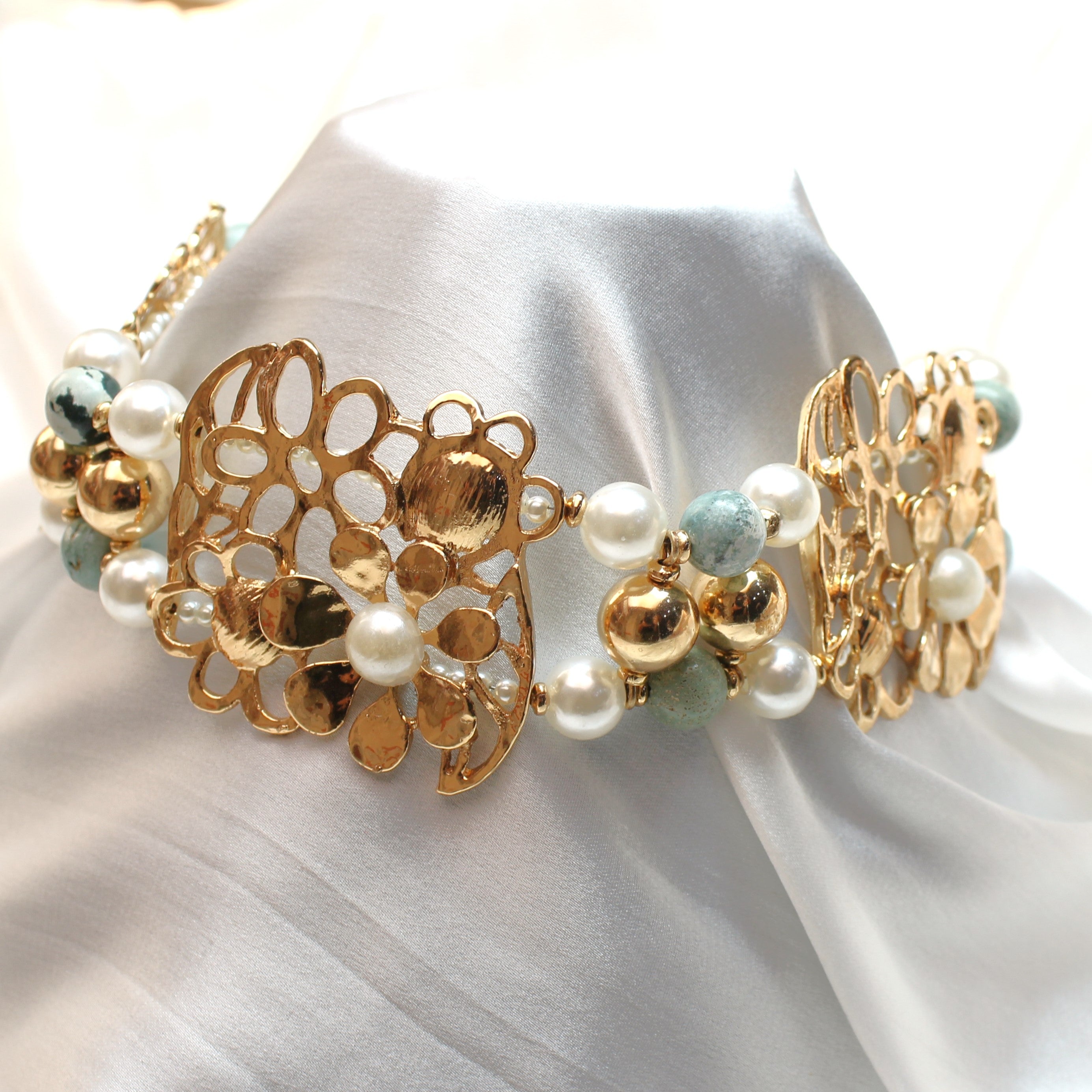 TFC Intricate Floral Pearls & Stones Gold Plated Choker Necklace