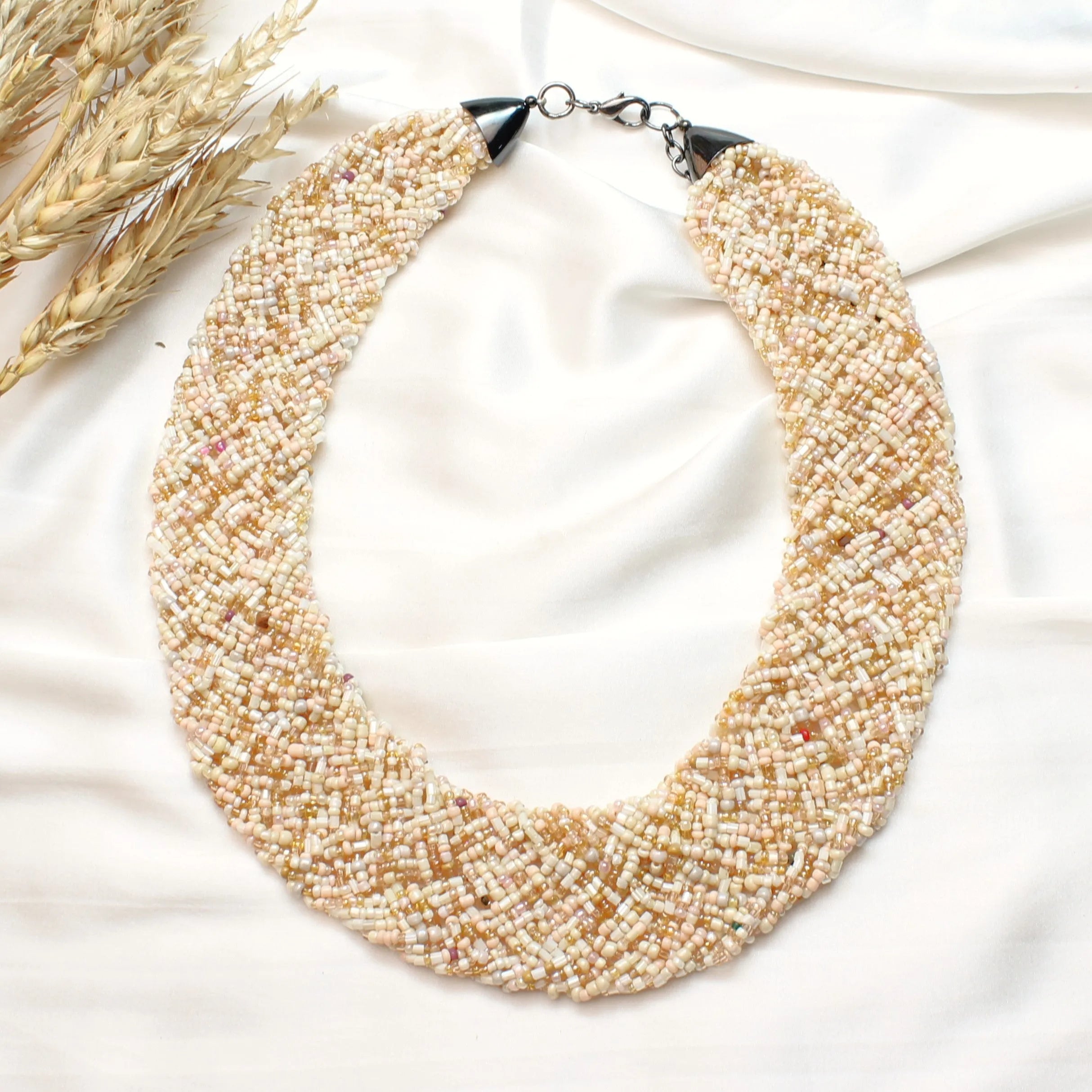 TFC Boho Peach Mesh Beaded Collar Necklace