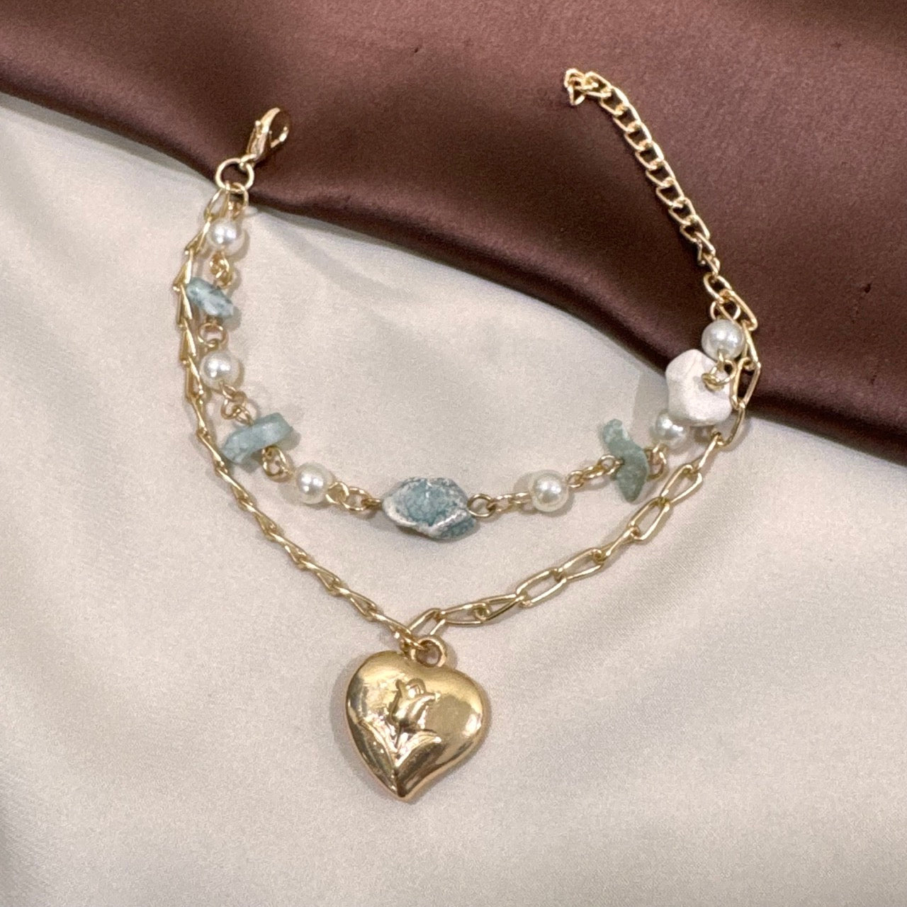 TFC Heart & Pearl Bead Gold Plated Layered Bracelet