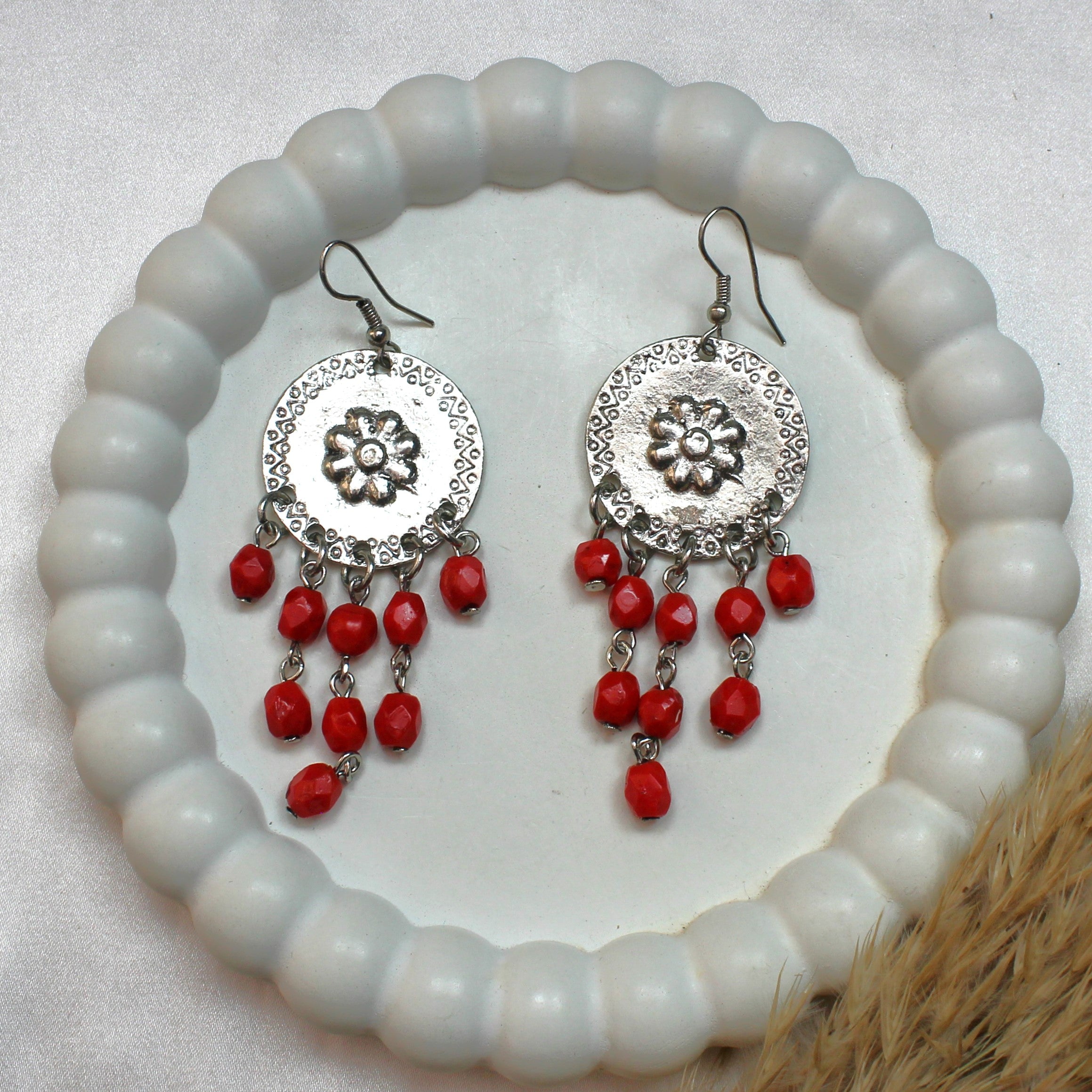 TFC Flower Chakra with Red Beads Silver Plated Dangler Earrings