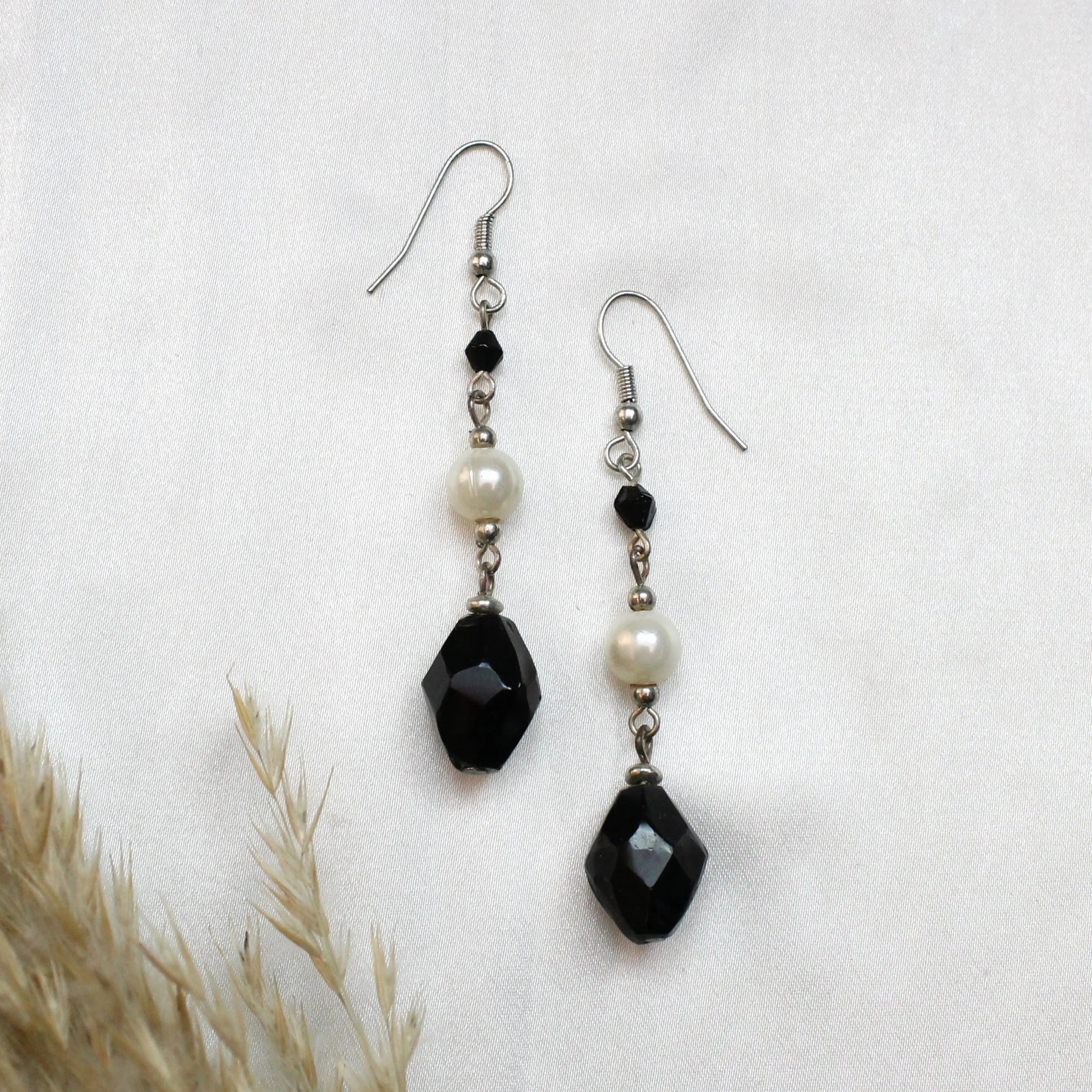 TFC Black & White Bead Silver Plated Dangler Earrings